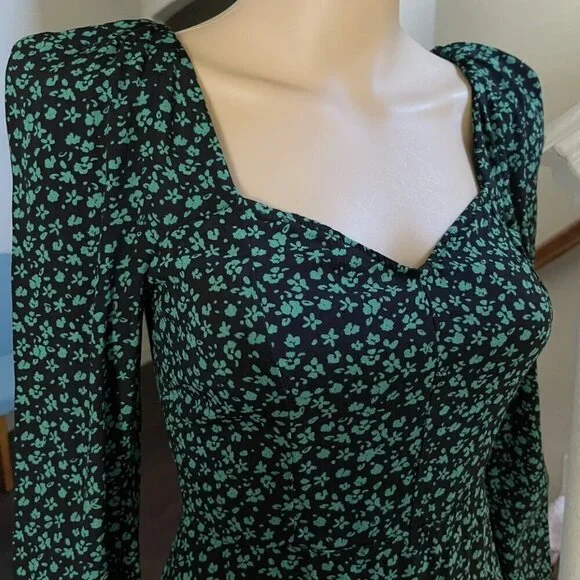 Zara Floral Print Sweetheart Neckline Long Sleeves Mini Dress Black Green Size S - Picture 3 of 6